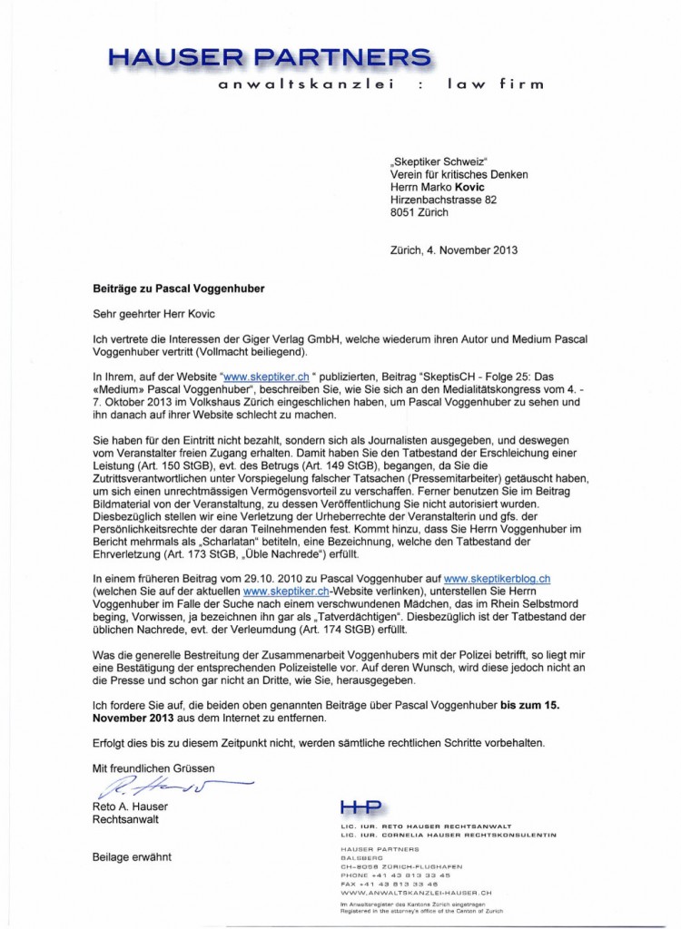 Giger Verlag, Bf an Skeptiker Schweiz, 4.11.2013